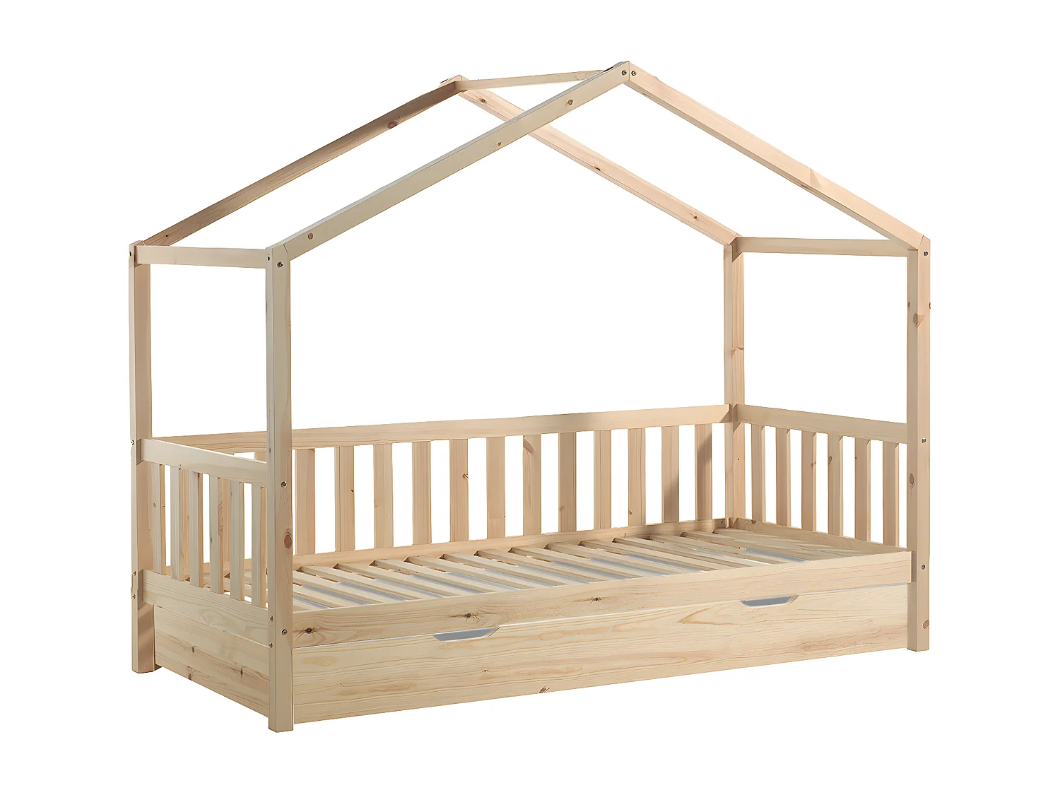 ARKAN - Lit Maison à Barrières 90x200cm Pin Naturel + Tiroir