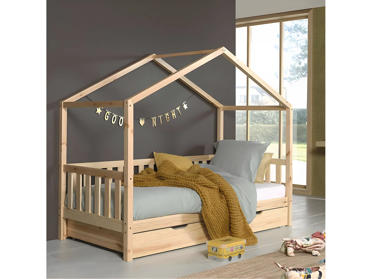 ARKAN - Lit Maison à Barrières 90x200cm Pin Naturel + Tiroir