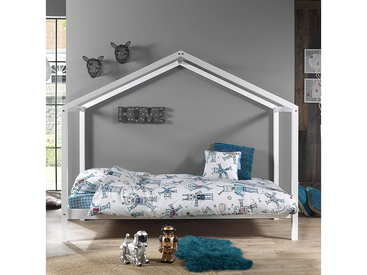 ARKAN - Lit Maison 90x200cm en Pin Massif Blanc avec Matelas