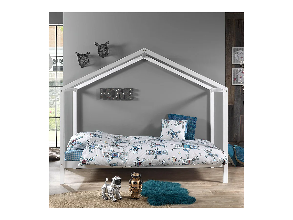 ARKAN - Lit Maison 90x200cm en Pin Massif Blanc avec Matelas