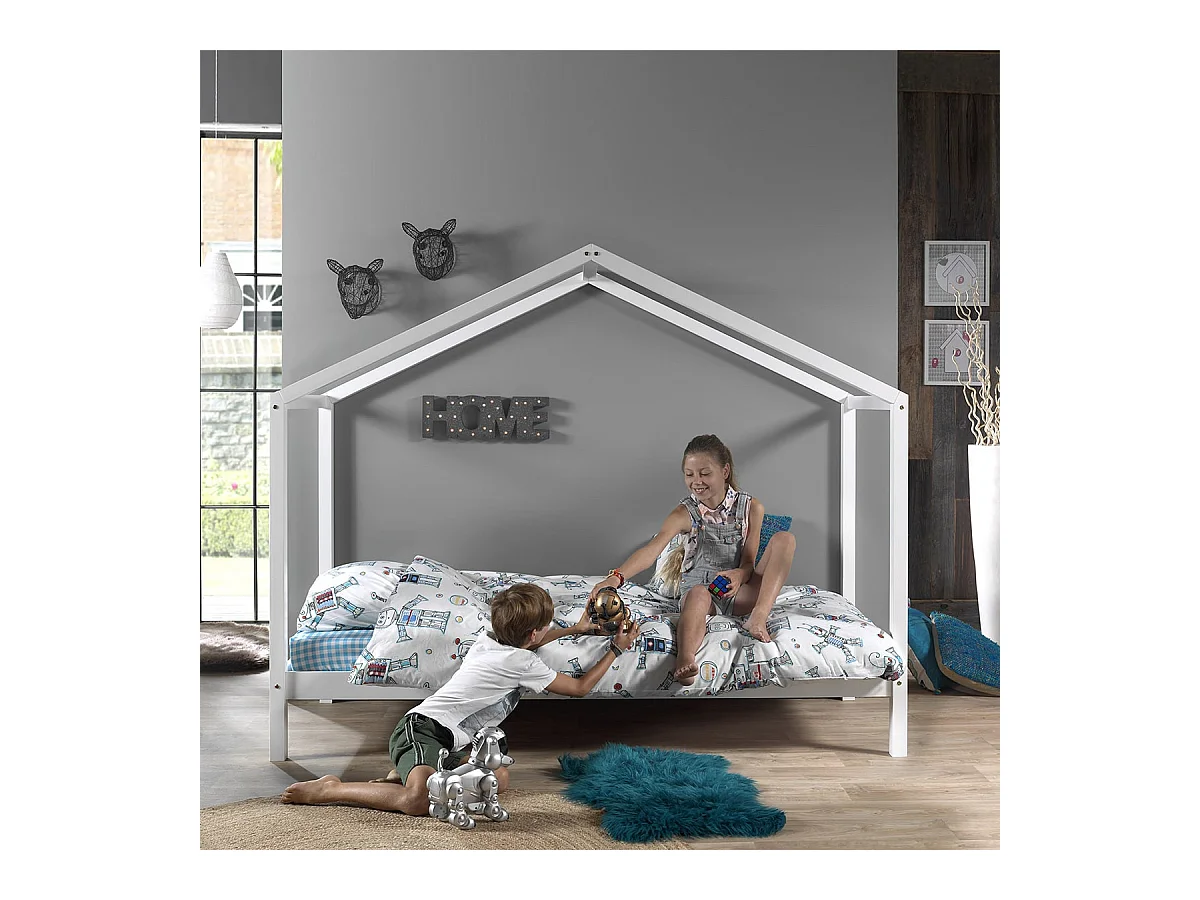 ARKAN - Lit Maison 90x200cm en Pin Massif Blanc avec Matelas