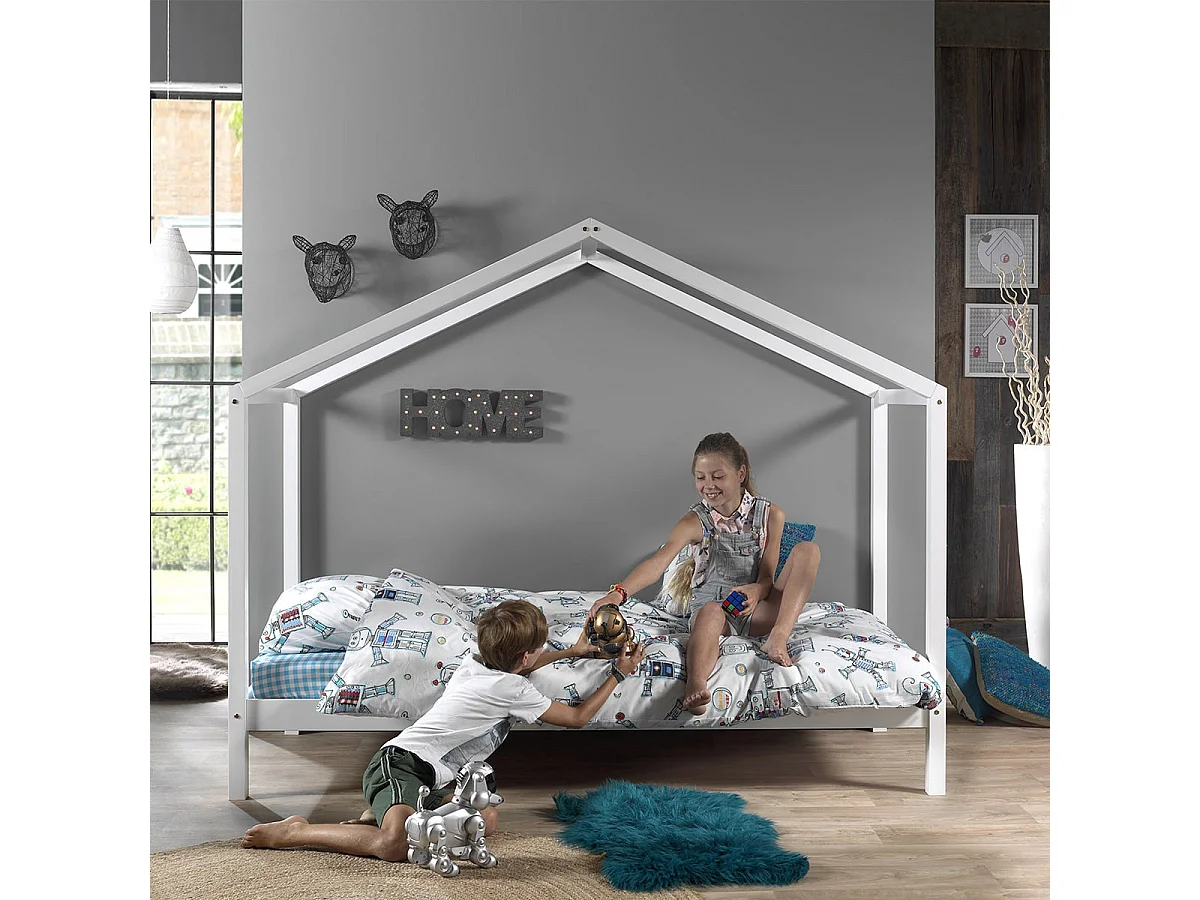 ARKAN - Lit Maison 90x200cm en Pin Massif Blanc avec Matelas