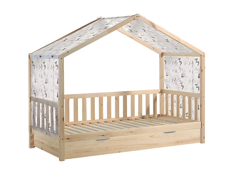 ARKAN - Lit Maison à Barrières 90x200cm Complet Pin Naturel