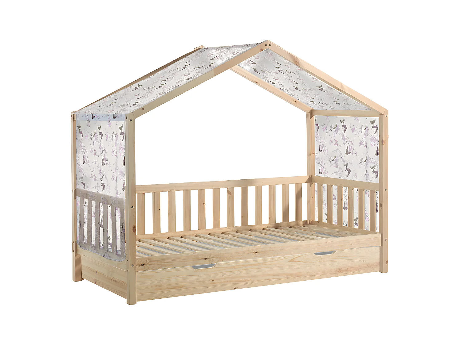 ARKAN - Lit Maison à Barrières 90x200cm Complet Pin Naturel