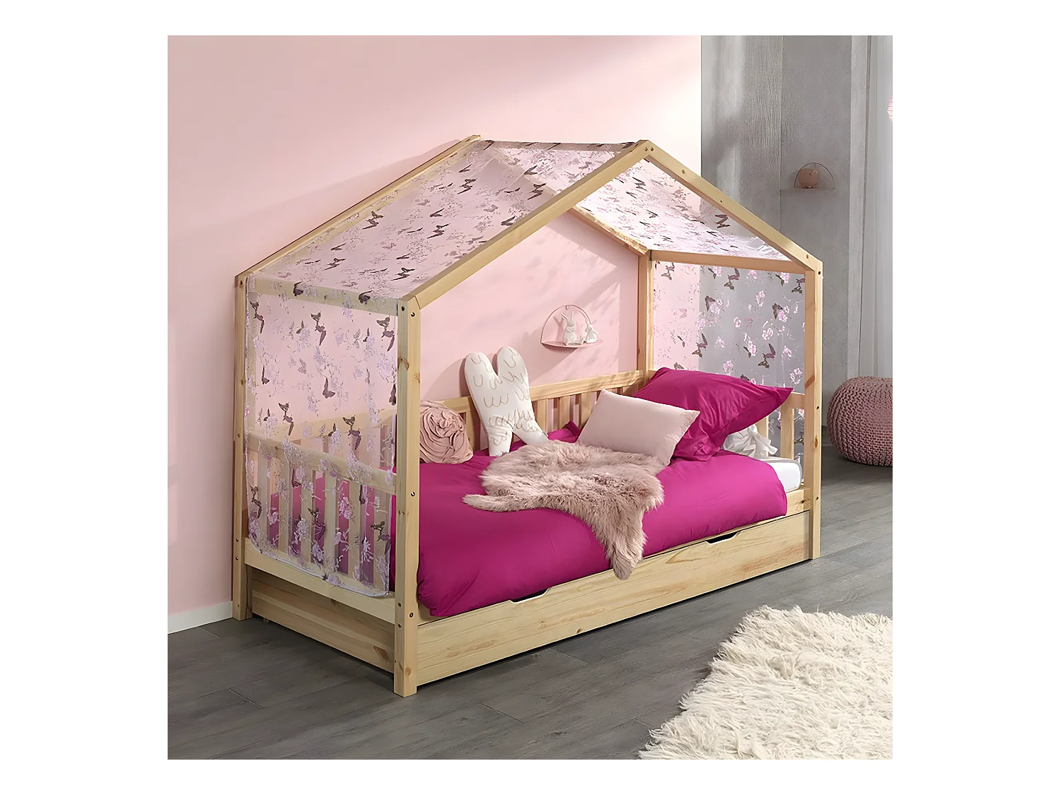 ARKAN - Lit Maison à Barrières 90x200cm Complet Pin Naturel