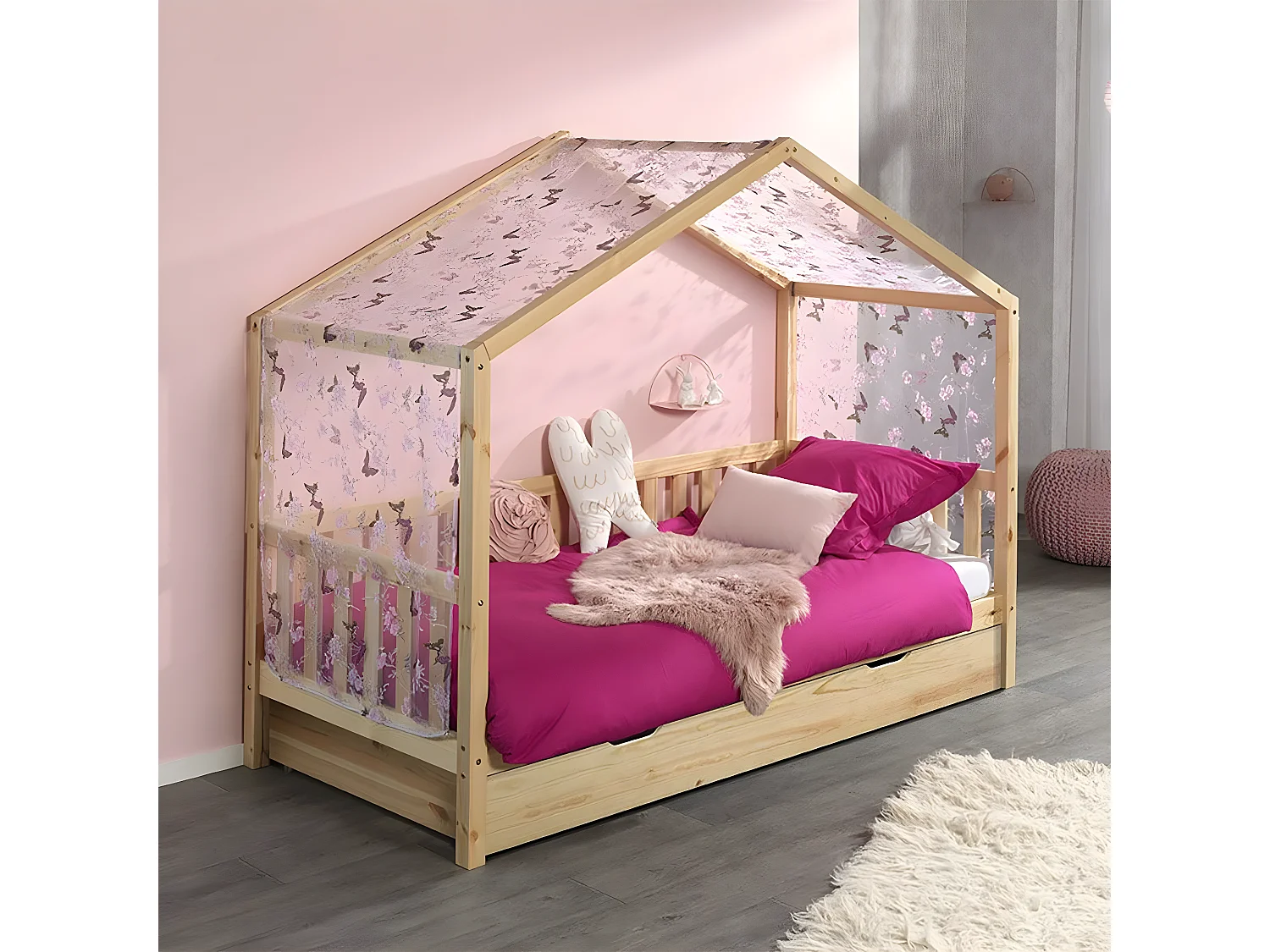 ARKAN - Lit Maison à Barrières 90x200cm Complet Pin Naturel