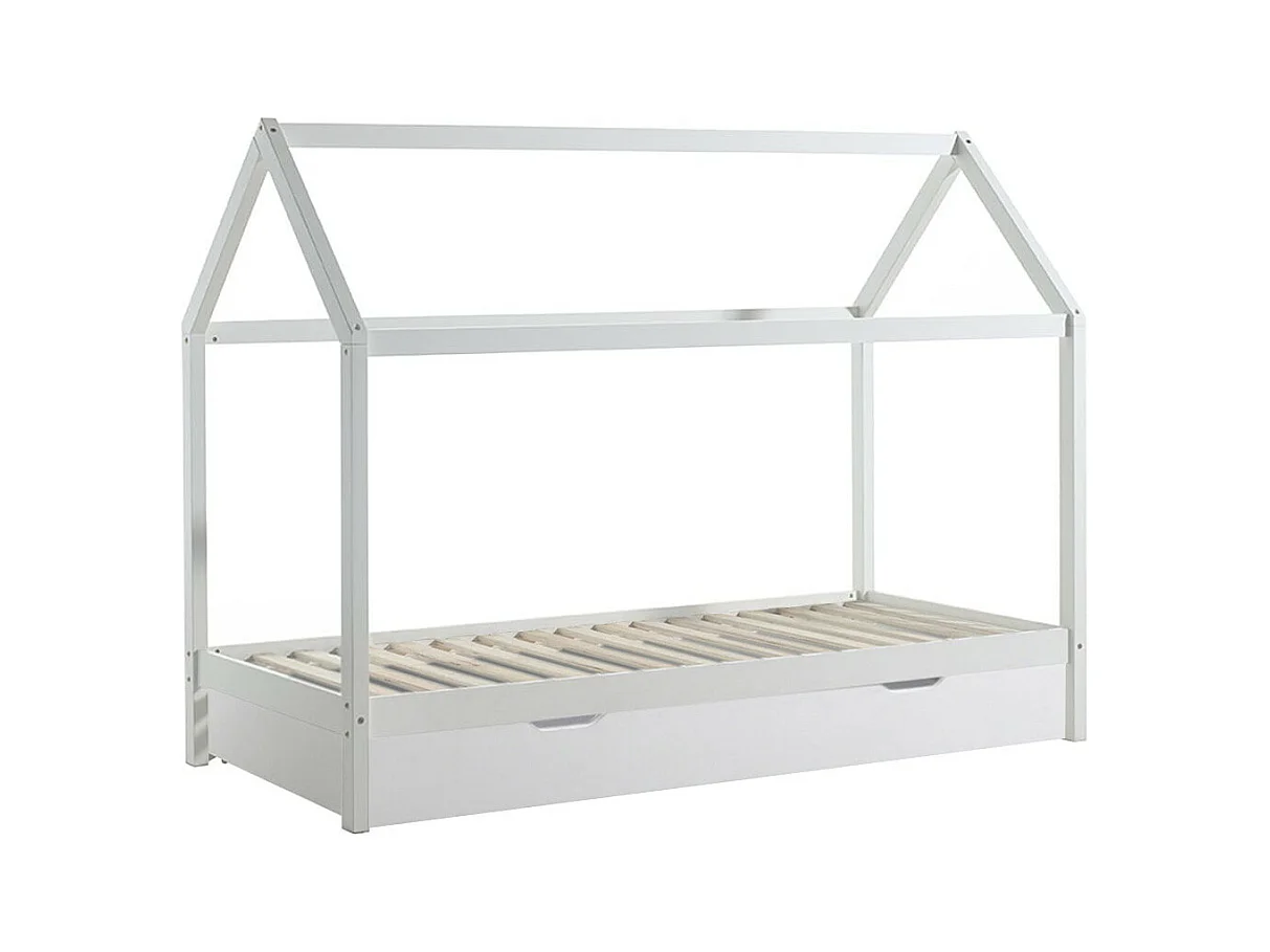 ARKAN - Lit Cabane 90x200cm en Pin Massif Blanc + Tiroir
