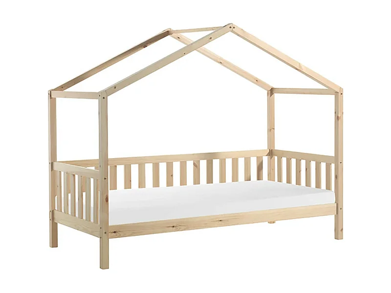 ARKAN - Lit Maison à Barrières 90x200cm Pin Naturel + Matelas