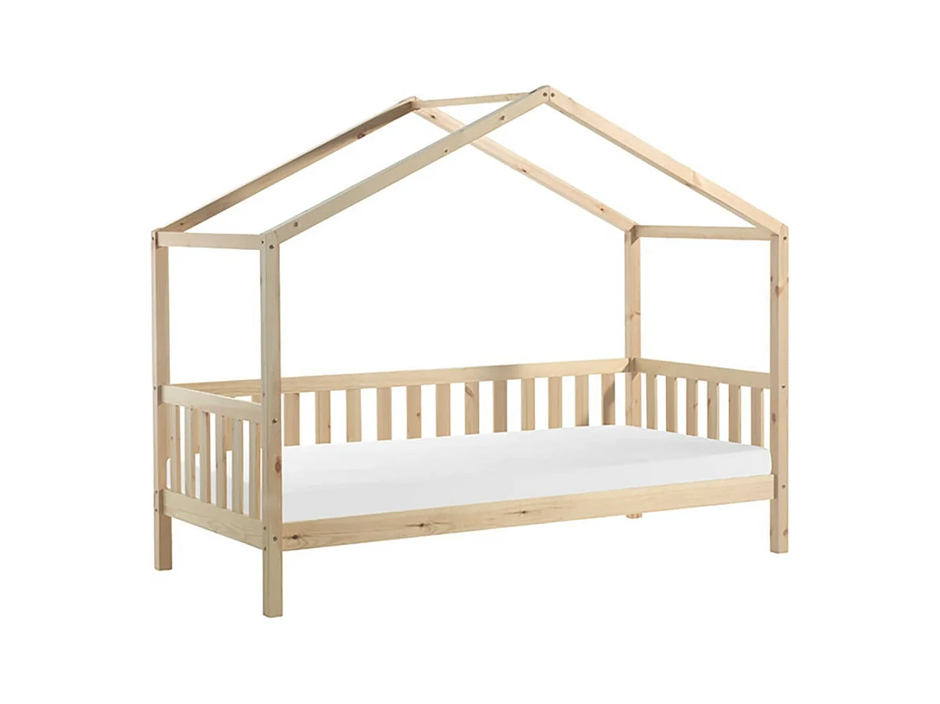 ARKAN - Lit Maison à Barrières 90x200cm Pin Naturel + Matelas