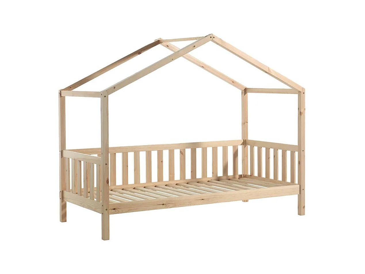 ARKAN - Lit Maison à Barrières 90x200cm Pin Naturel + Matelas