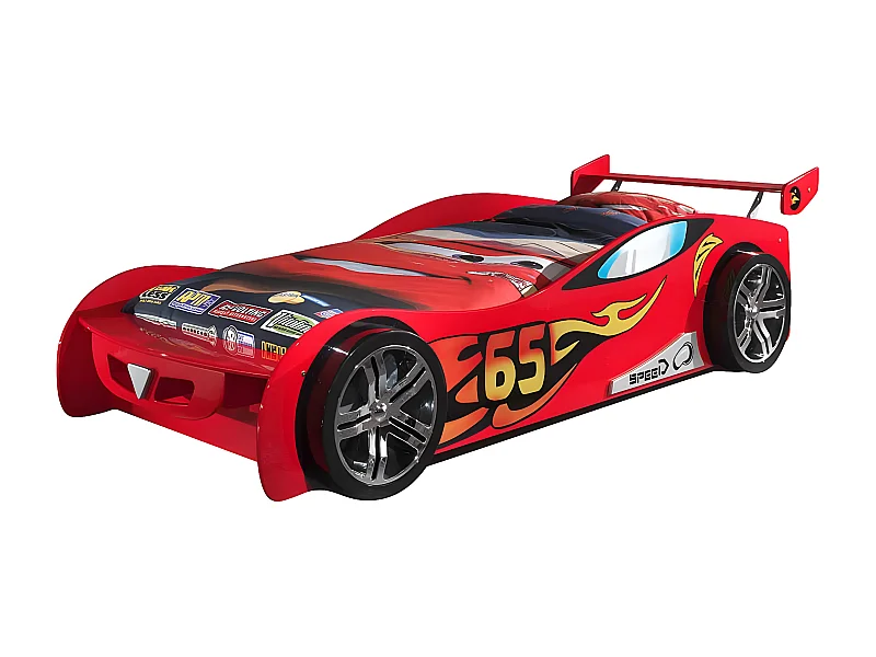TURBO - Lit Voiture Racing 90x200cm Rouge Motifs Flammes