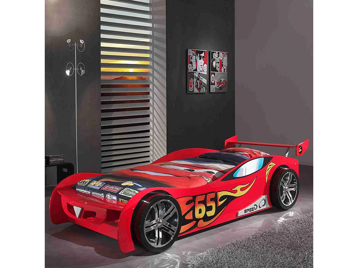 TURBO - Lit Voiture Racing 90x200cm Rouge Motifs Flammes