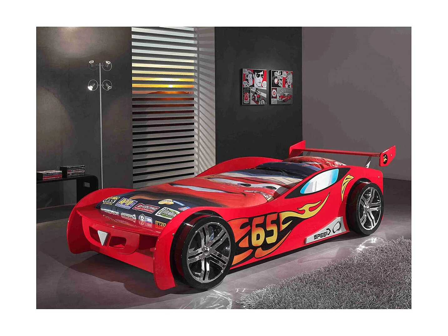 TURBO - Lit Voiture Racing 90x200cm Rouge Motifs Flammes