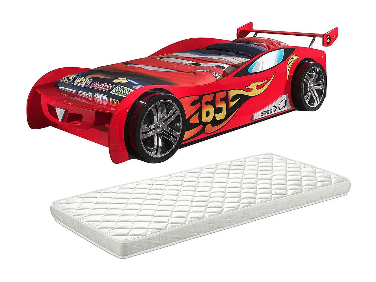TURBO - Lit Voiture Racing 90x200cm Motifs Flammes + Matelas