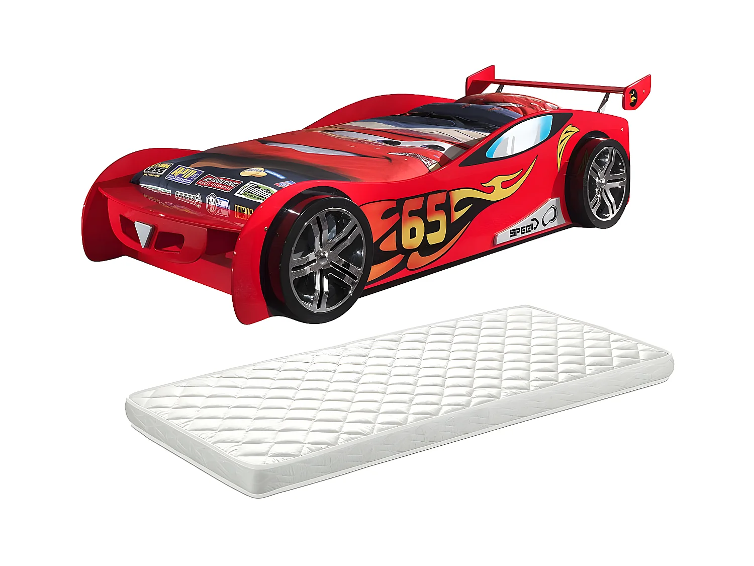 TURBO - Lit Voiture Racing 90x200cm Motifs Flammes + Matelas