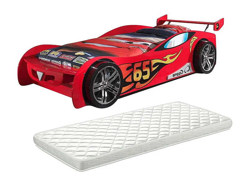 TURBO - Lit Voiture Racing 90x200cm Motifs Flammes + Matelas