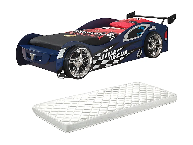TURBO - Lit Voiture 90x200cm Bleu Style Racing avec Matelas