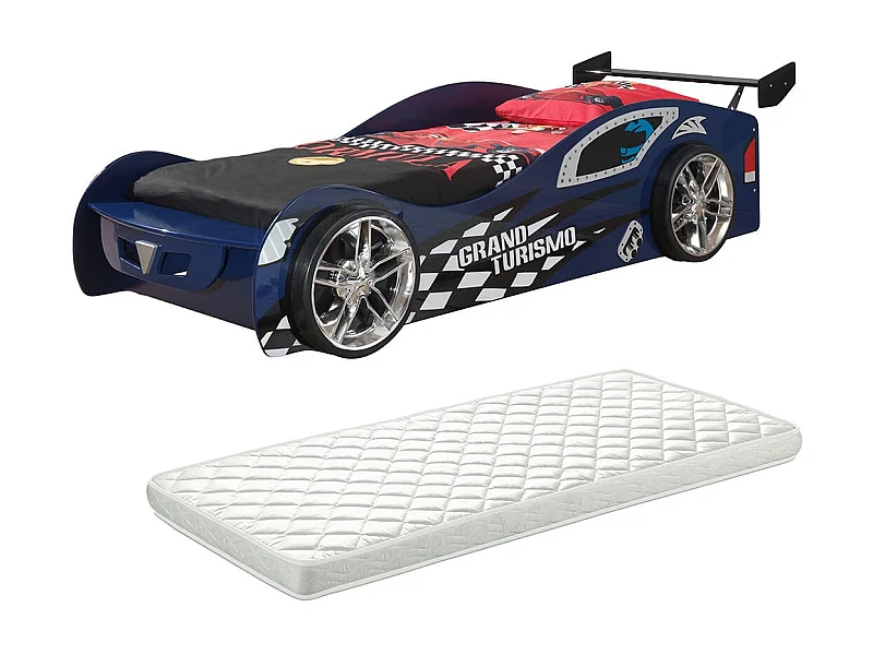 TURBO - Lit Voiture 90x200cm Bleu Style Racing avec Matelas