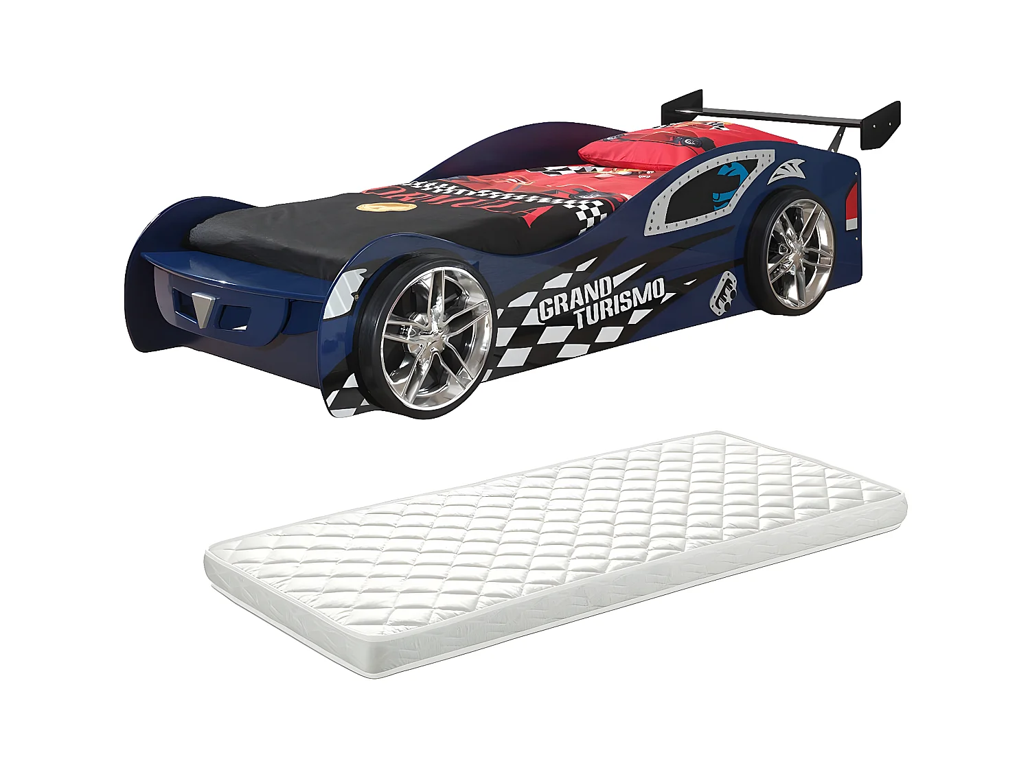 TURBO - Lit Voiture 90x200cm Bleu Style Racing avec Matelas