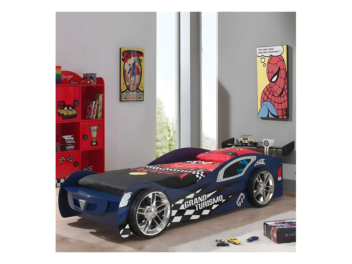 TURBO - Lit Voiture 90x200cm Bleu Style Racing
