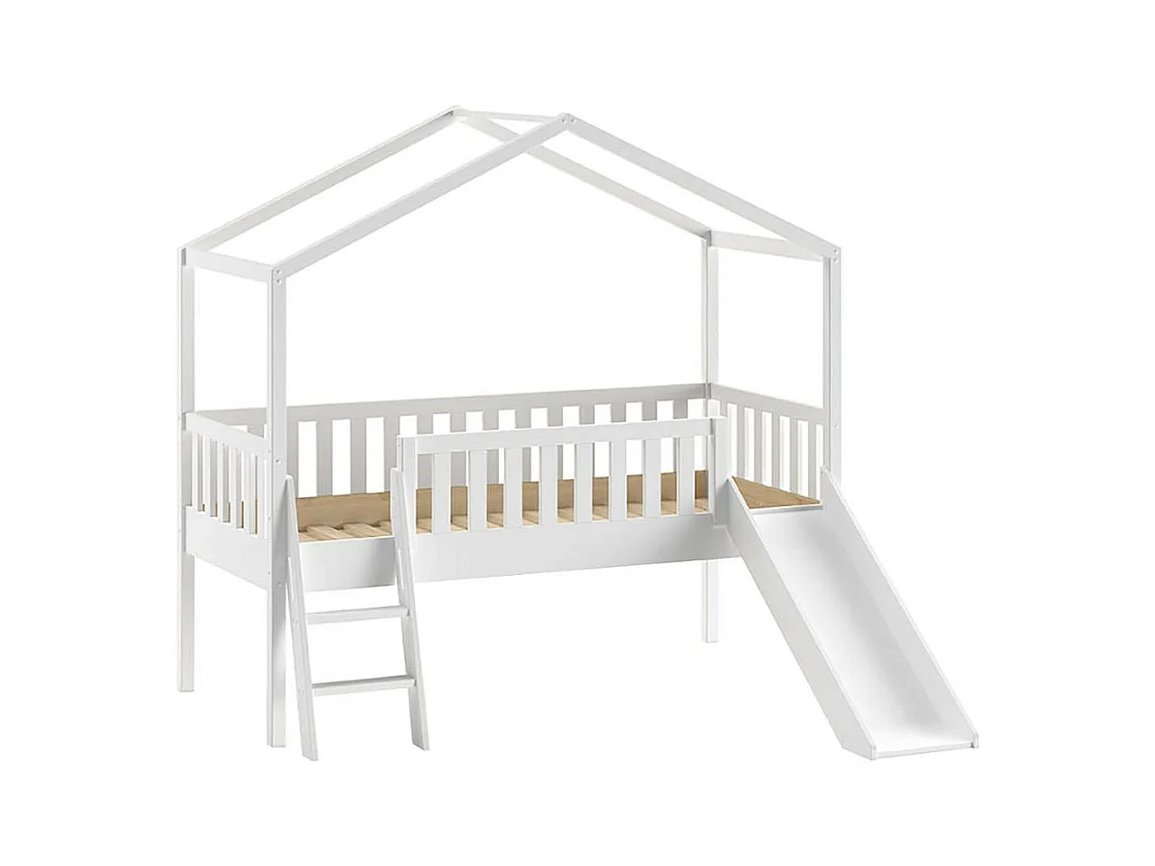 ARKAN - Lit Cabane Surélevé 90x200cm Pin Blanc avec Toboggan