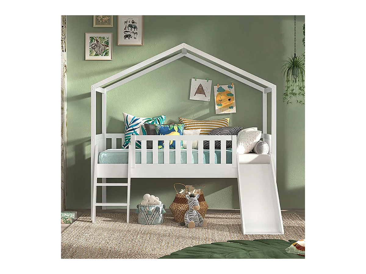 ARKAN - Lit Cabane Surélevé 90x200cm Pin Blanc avec Toboggan