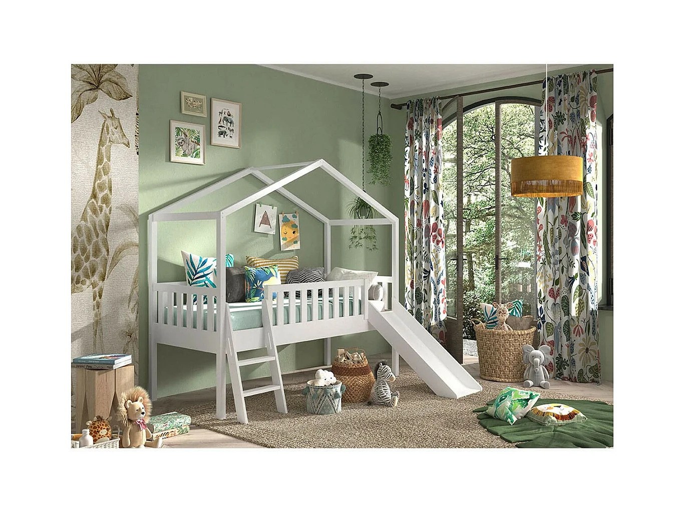 ARKAN - Lit Cabane Surélevé 90x200cm Pin Blanc avec Toboggan