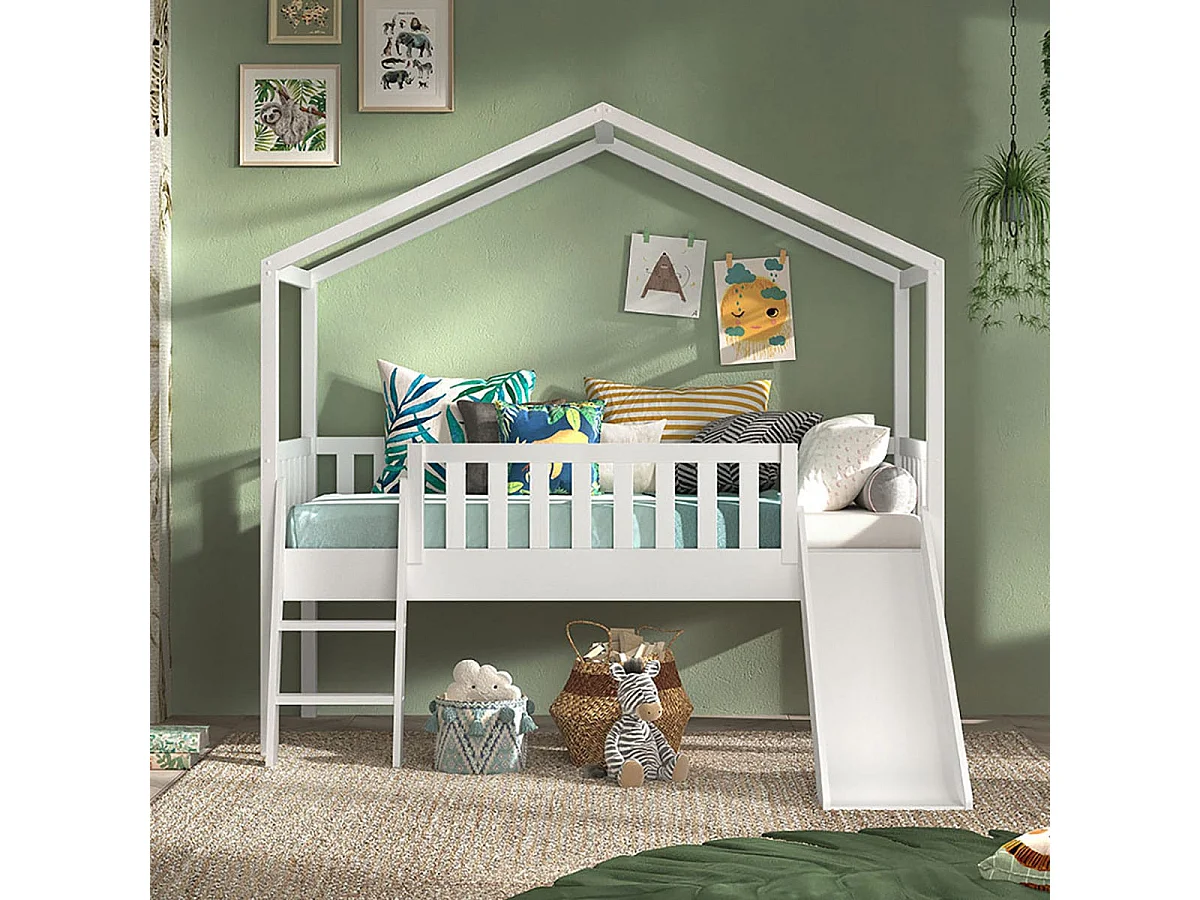 ARKAN - Lit Cabane Surélevé 90x200cm Pin Blanc avec Toboggan