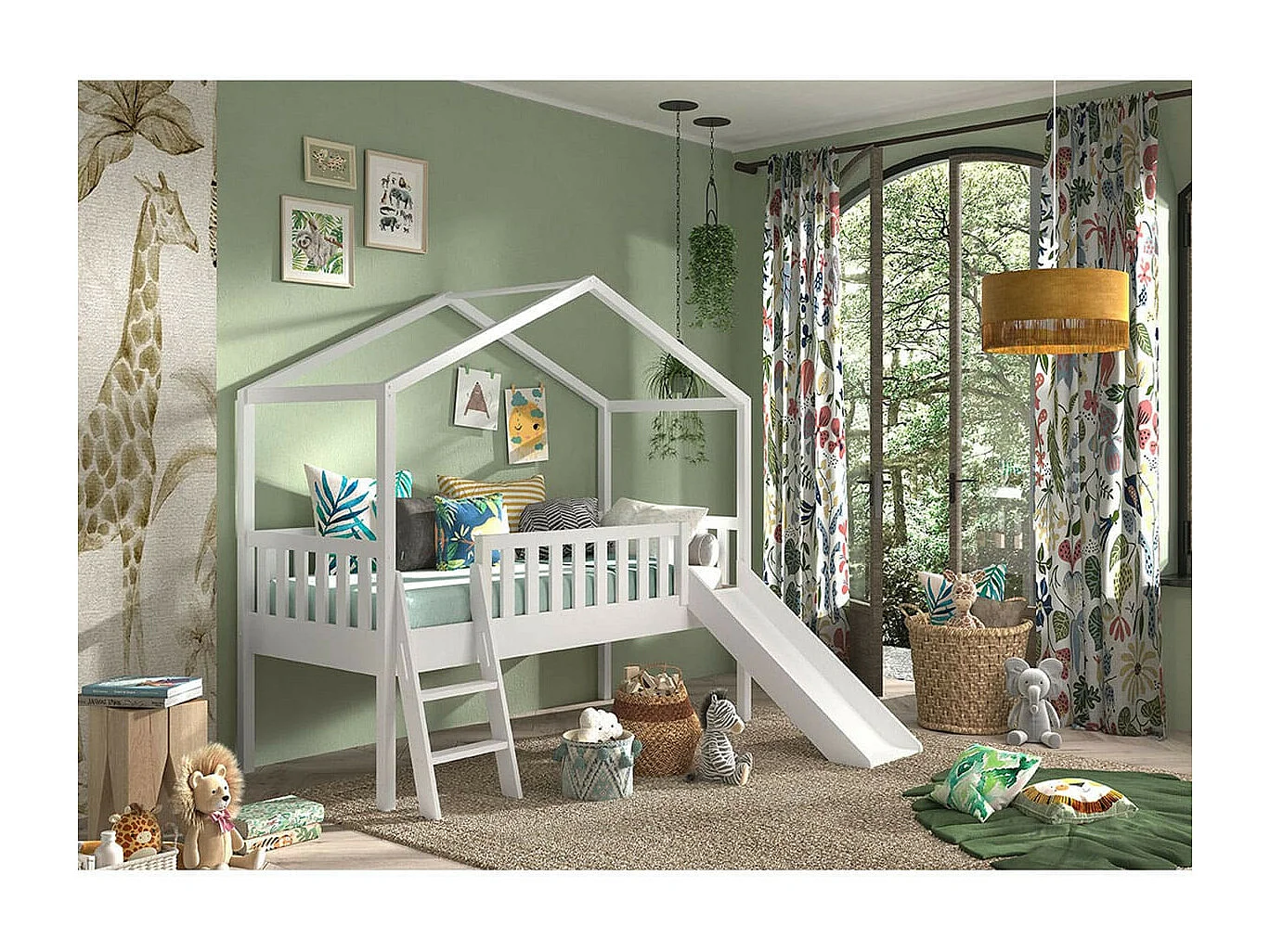 ARKAN - Lit Cabane Surélevé 90x200cm Pin Blanc avec Toboggan