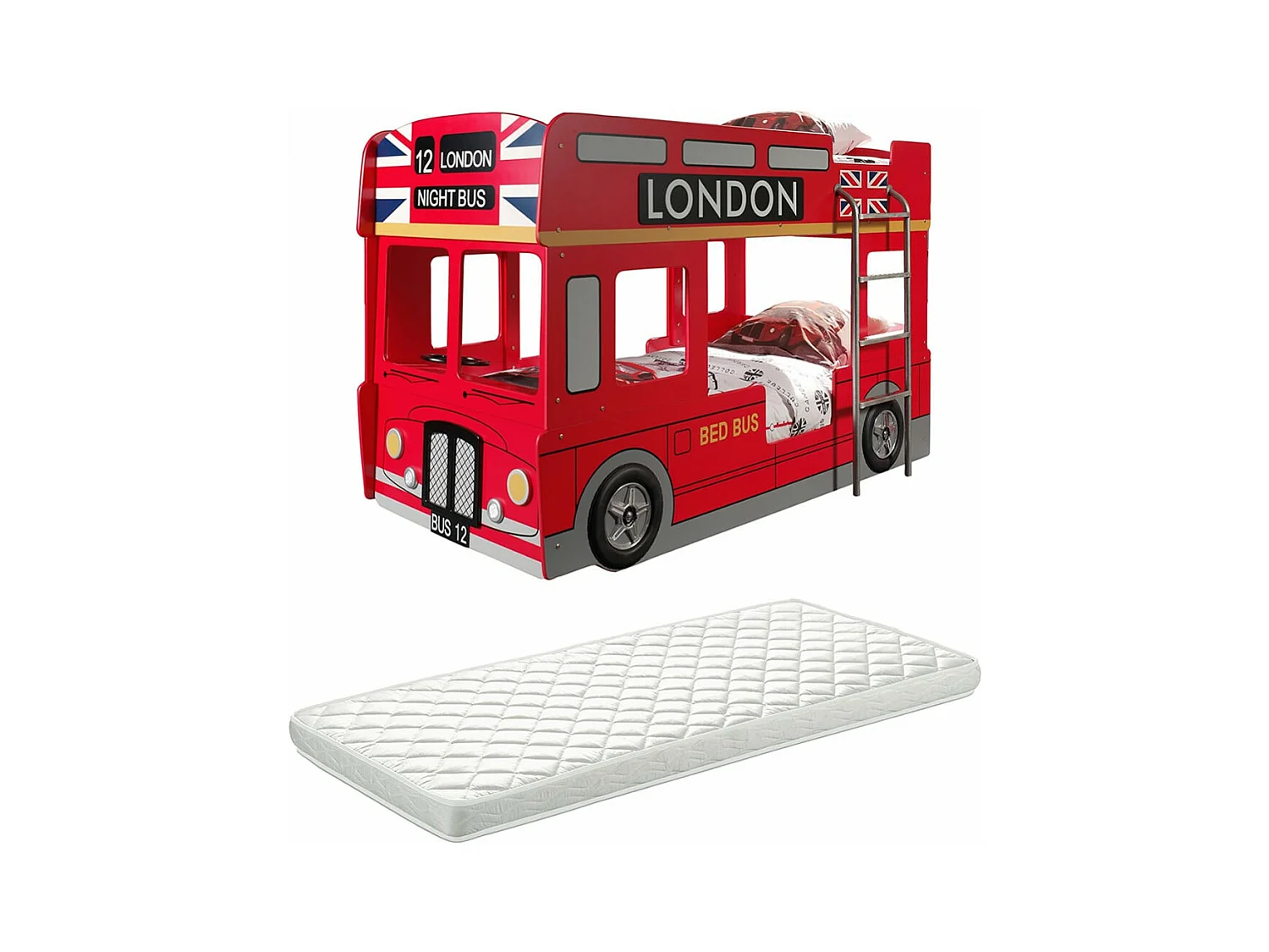 SOHO - Lits Superposés 90x200cm Bus Londres avec Leds + Matelas