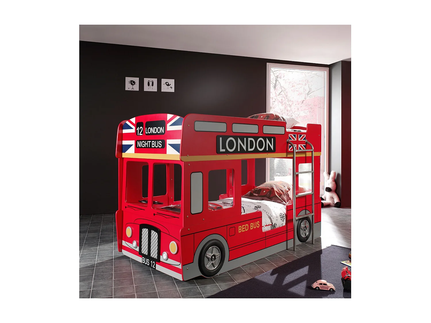 SOHO - Lits Superposés 90x200cm Bus Londres avec Leds + Matelas