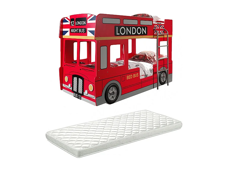 SOHO - Lits Superposés 90x200cm Bus Londres avec Leds + Matelas