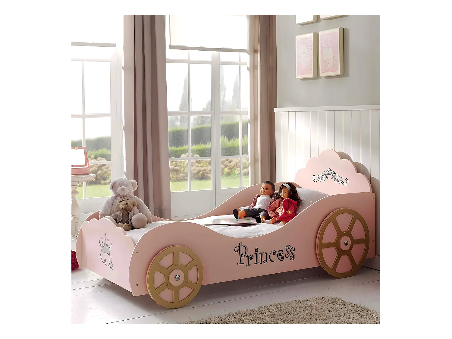 PRETTY - Lit Voiture de Princesse 90x200cm Rose