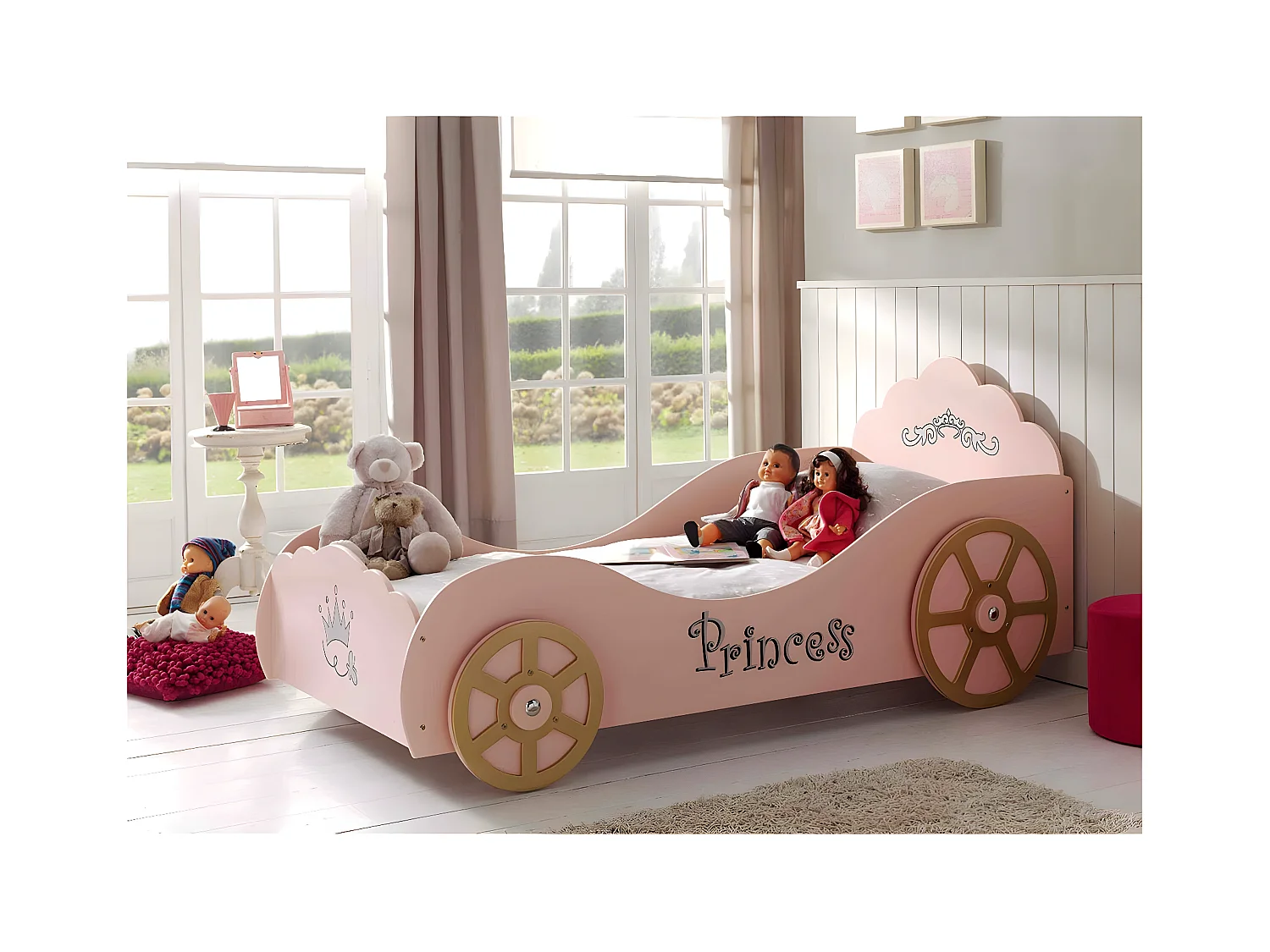 PRETTY - Lit Voiture de Princesse 90x200cm Rose