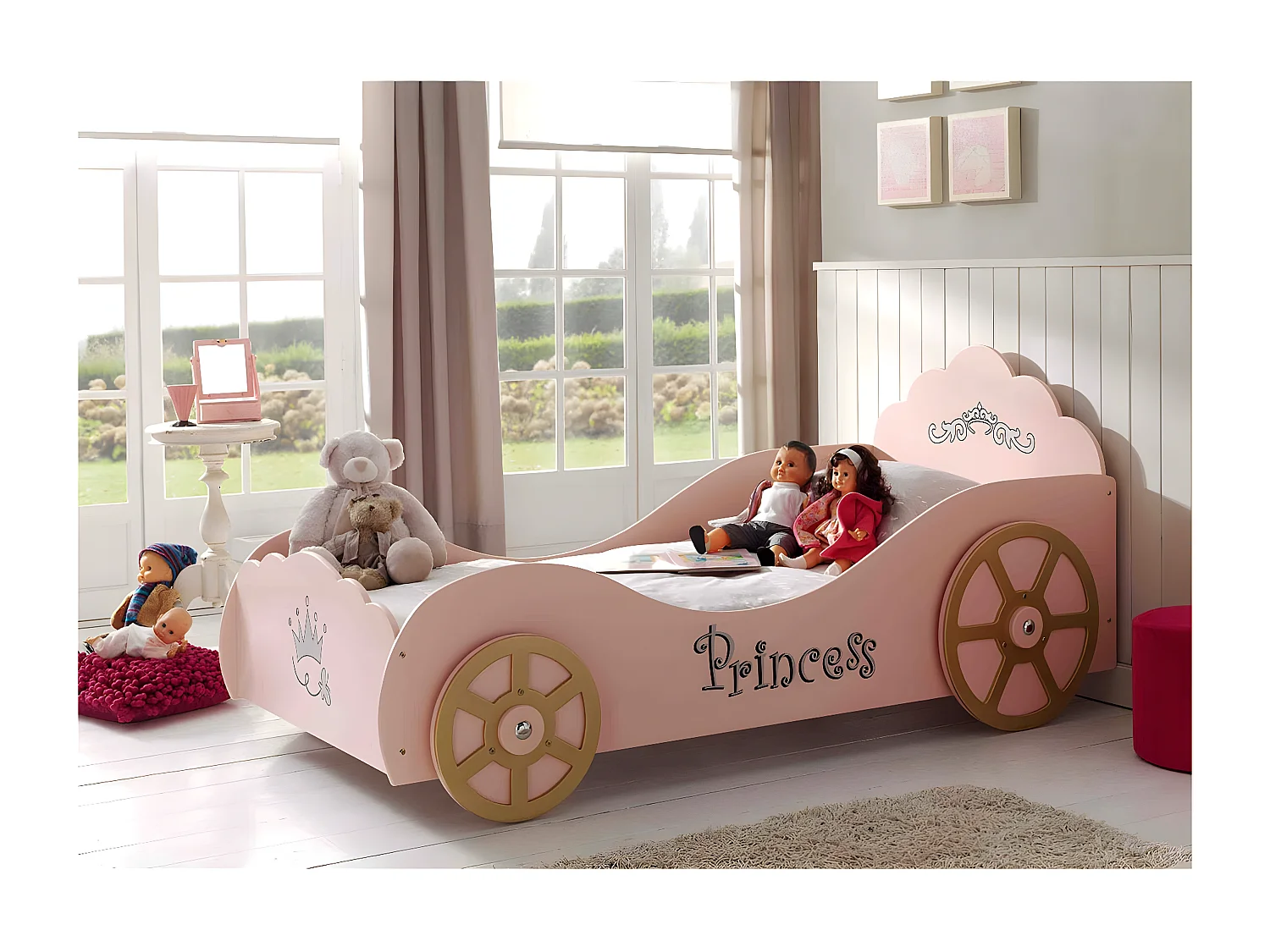 PRETTY - Lit Voiture de Princesse 90x200cm Rose