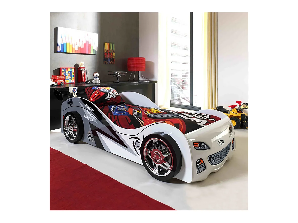 FASTER - Lit Voiture de Course 90x200cm Blanc Gris Noir