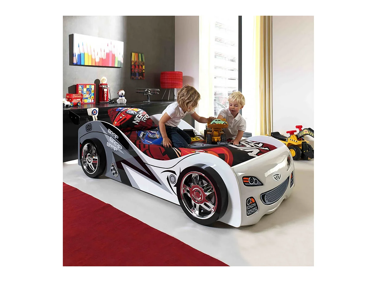 FASTER - Lit Voiture de Course 90x200cm Blanc Gris Noir