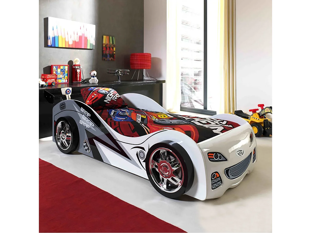 FASTER - Lit Voiture de Course 90x200cm Blanc Gris Noir