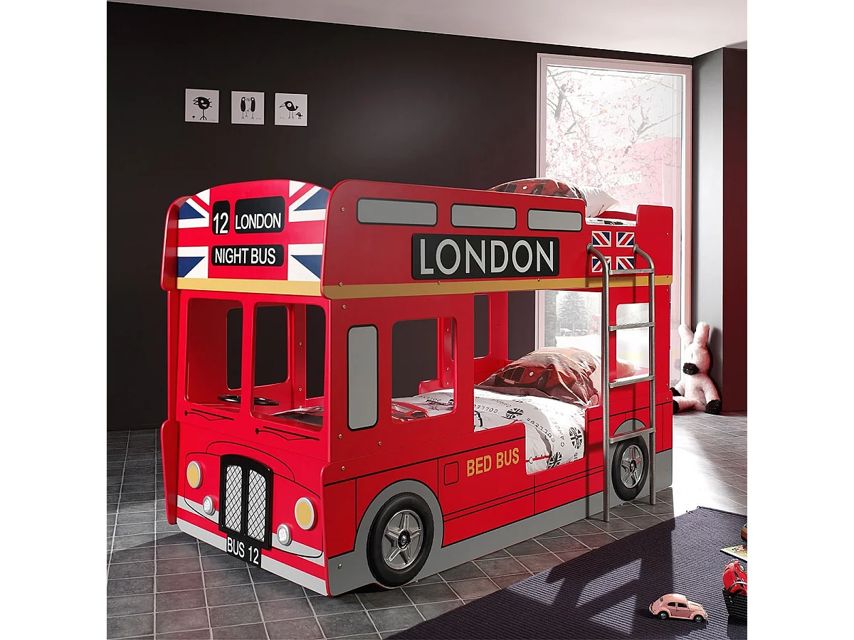 SOHO - Lits Superposés 90x200cm Style Bus Londres avec Leds