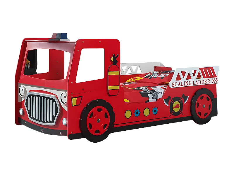 FIREMAN - Lit Camion de Pompier 90x200cm Rouge avec Leds