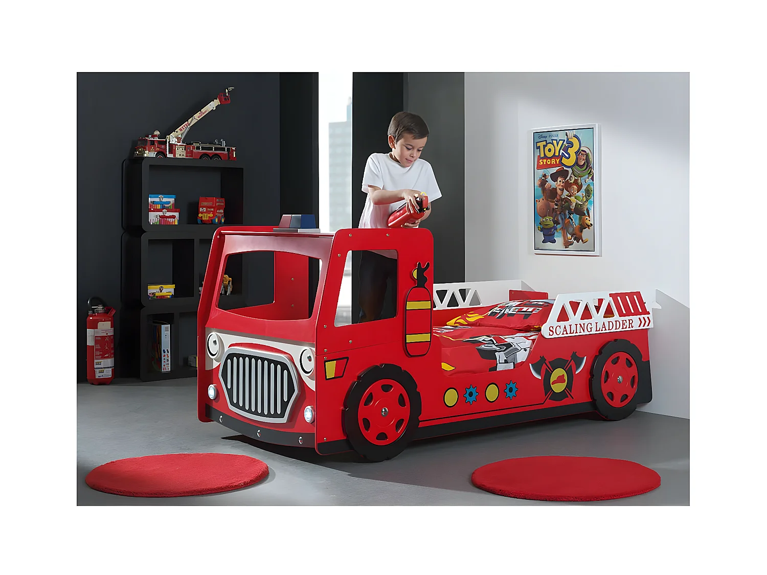FIREMAN - Lit Camion de Pompier 90x200cm Rouge avec Leds