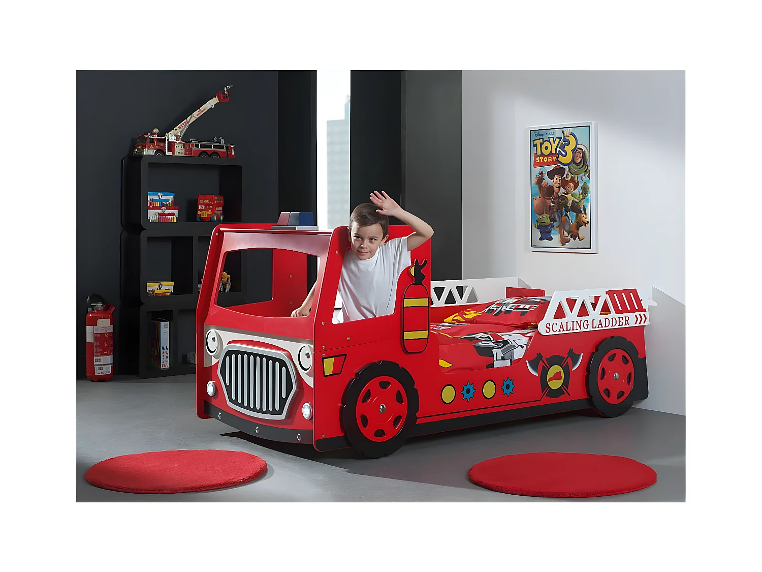FIREMAN - Lit Camion de Pompier 90x200cm Rouge avec Leds