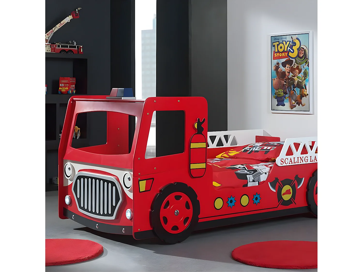 FIREMAN - Lit Camion de Pompier 90x200cm Rouge avec Leds