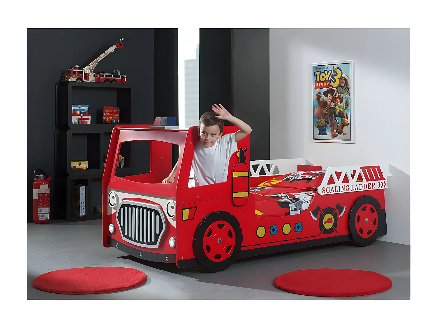 FIREMAN - Lit Camion de Pompier 90x200cm Rouge avec Leds