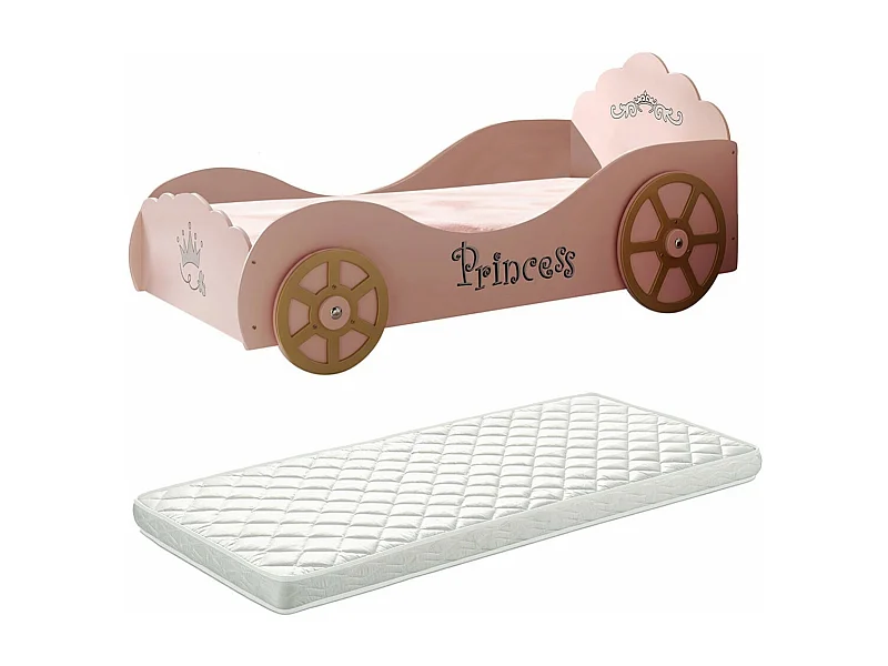 PRETTY - Lit Voiture de Princesse 90x200cm Rose avec Matelas