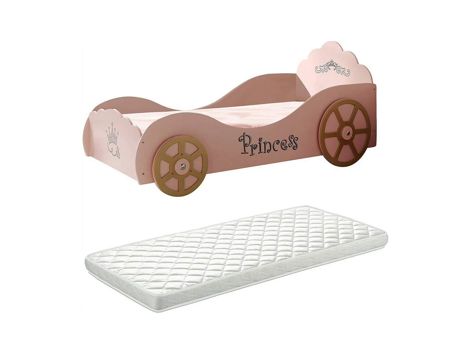 PRETTY - Lit Voiture de Princesse 90x200cm Rose avec Matelas