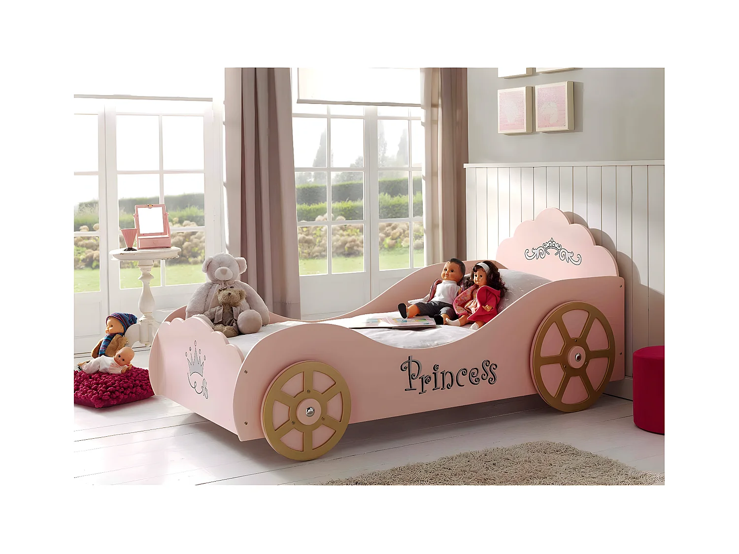 PRETTY - Lit Voiture de Princesse 90x200cm Rose avec Matelas