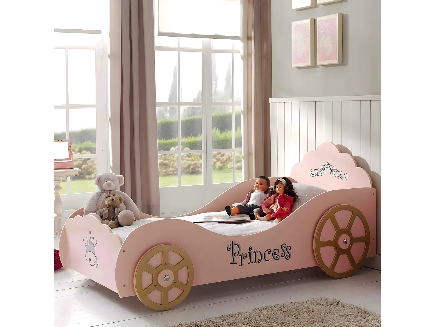 PRETTY - Lit Voiture de Princesse 90x200cm Rose avec Matelas