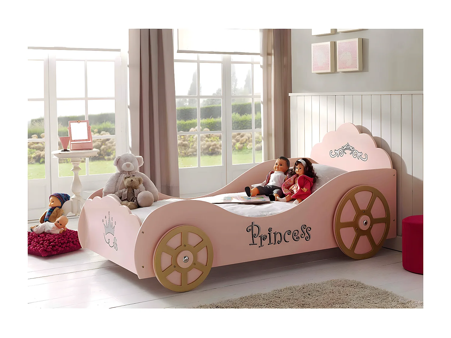 PRETTY - Lit Voiture de Princesse 90x200cm Rose avec Matelas