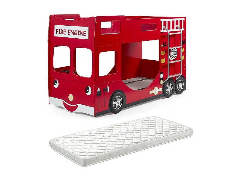 FIREMAN - Lits Superposés Camion Pompier 90x200cm + Matelas
